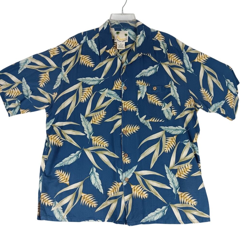 Banana‎ Cabana Silk Hawaiian Shirt Men's XL Blue Tropical Cabana Loop Collar